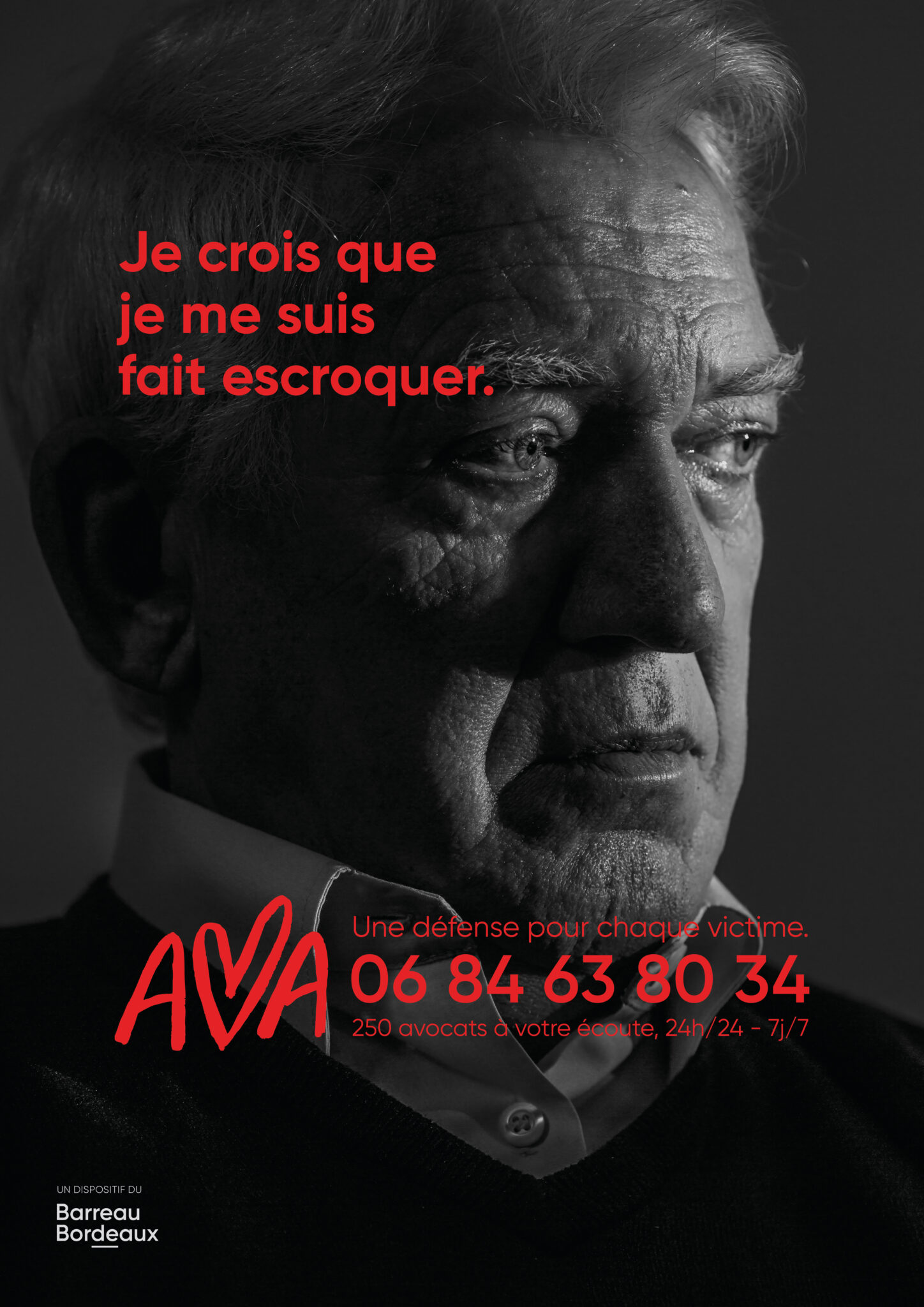 Affiche AVA : une personne victime d’escroquerie – accompagnement juridique et soutien des victimes à Bordeaux.