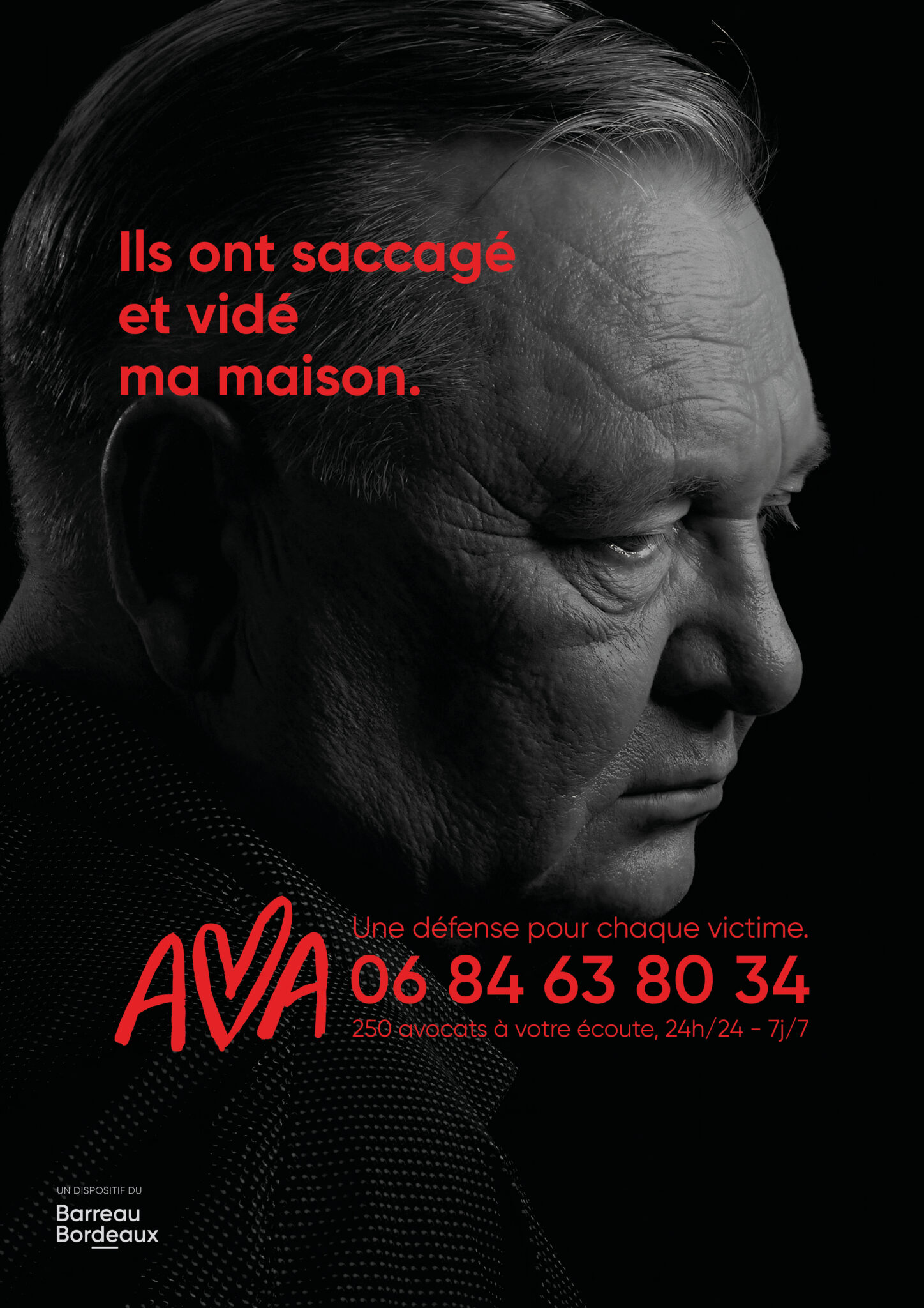 Affiche AVA : une personne victime de vandalisme et de cambriolage – accompagnement juridique et soutien des victimes à Bordeaux.